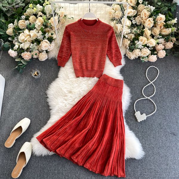 

2021 new female fall elastic knitted red mesh neck long + high skirt plissate tender pieces 99ob, Gray
