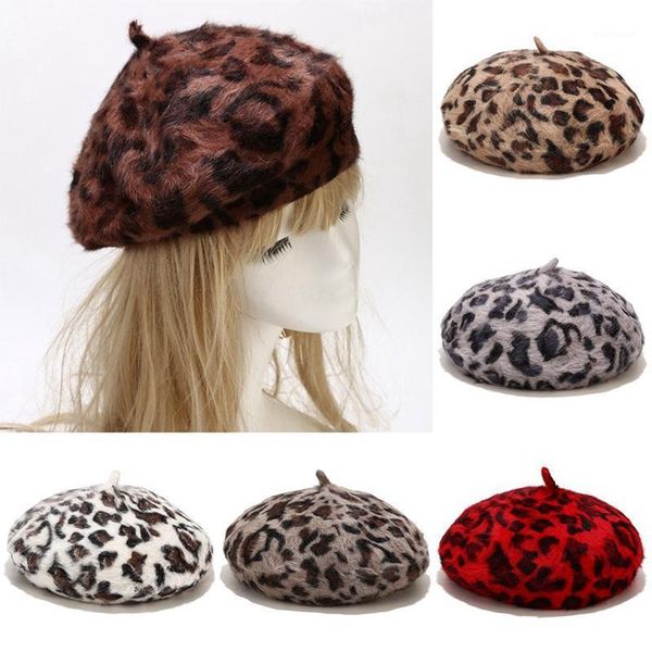 

women elegant multicolor fur beret print leopard painter hat warm beret hat1, Blue;gray