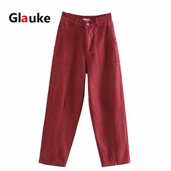 

glauke 2020 spring red green jeans woman loose denim pants high waist spring summer trendy simple korean style solid streetwear1, Blue