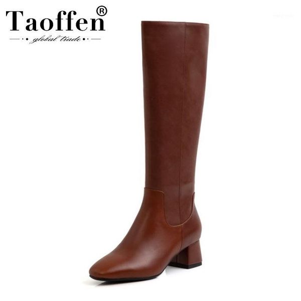 

taoffen ladies chunky heels knee high boots real leather winter warm long boots pointed toe fashion shoes size 34-391, Black