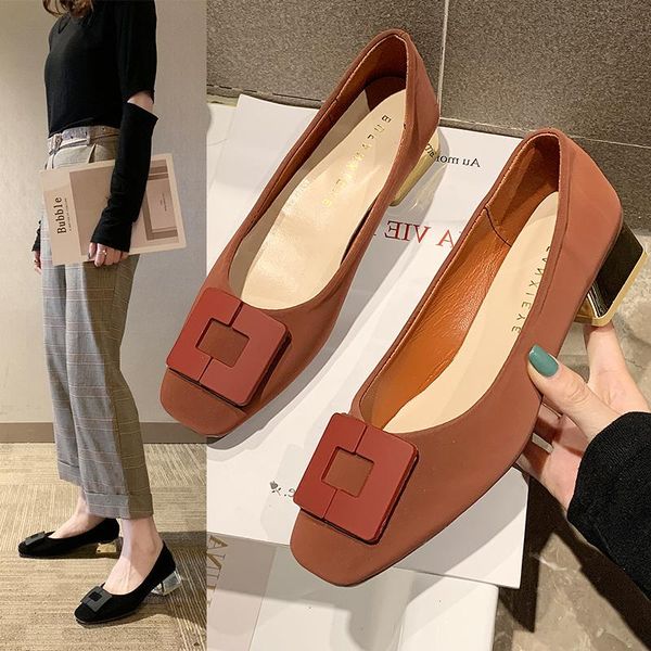 

women shoes woman high heels lady suede flock square buckle thick mid heels round single shoes wedding female pumps ladies, Black