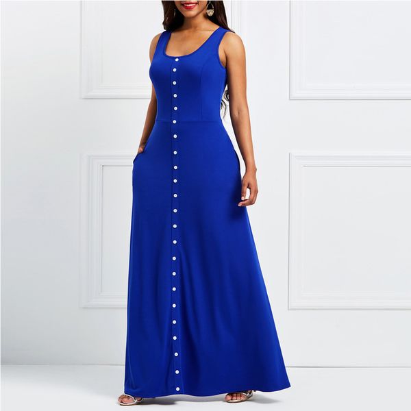 

new 2019 single breasted slim crew neck long dress for women, Black;gray