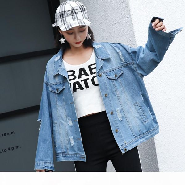 

ewq] 2019 spring autumn new product patch turn-down collar vintage hole loose coat ladies clothing women denim jacket qh194, Black;brown