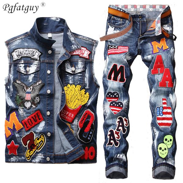 

mens jeans suit washed embroidered paint sets skull cowboy vest + small straight flag badge slim jeans street style 2 piece set 201109, Gray