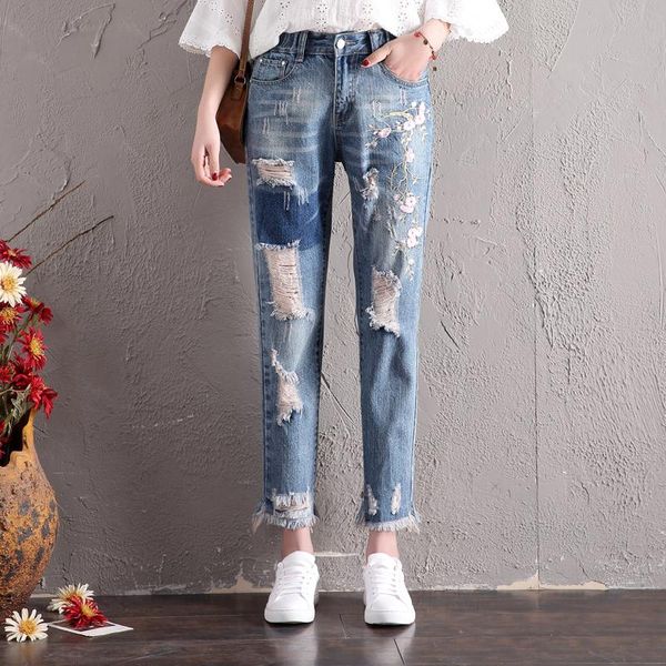 

women's jeans women fashion high waist loose floral embroidery denim female ripped hole harem pants trousers boyfriend for, Blue