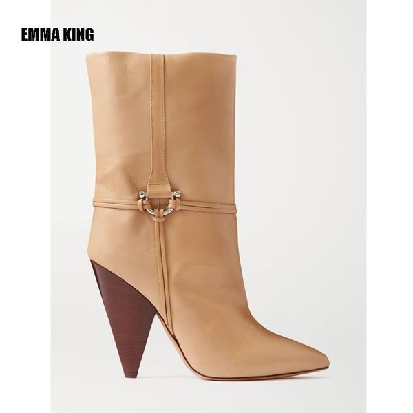 

boots women fashion knee high lasy gold decor long ladies spike heels shoes pointed toe nude color winter 202, Black