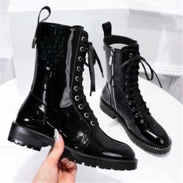 

splice short boots solid color motorcycle boots metal decoration lace-up patent leather non-slip women shoes1, Black