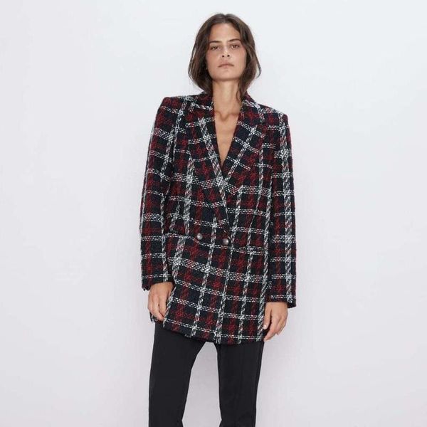 

2020 autumn winter plaid suit coat women jacket double breasted suit jackets fashion clothes long sleeve lapel coats1, Black