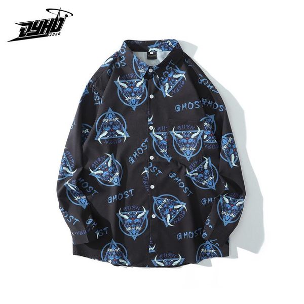 

2020 hip hop shirts for men ghost print streetwear harajuku hawaiian shirt mens shirts long cotton sleeve casual men, White;black