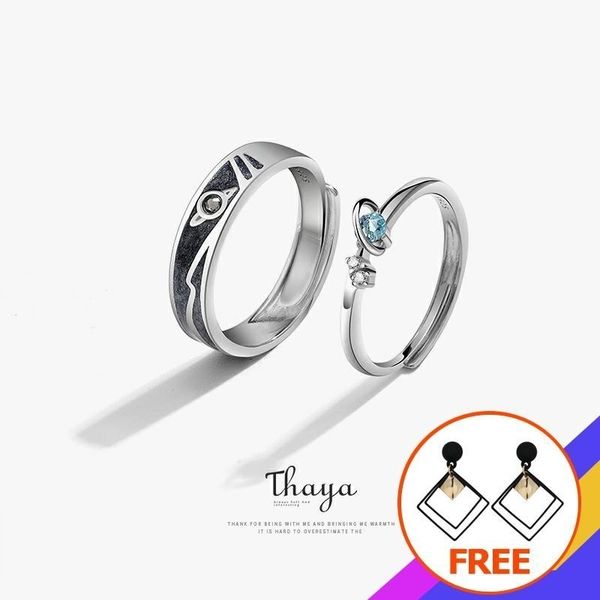 

thaya women rings jewelry 3d texture rings blue planet couple 925 sterling silver rings for women engagement gift y200321, Slivery;golden