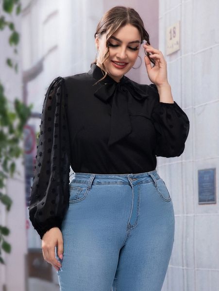 

plus tie neck bishop sleeve blouse g7rx#, Black