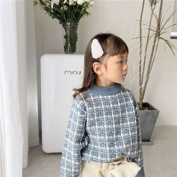 

new 2020 girls' autumn winter plaid korean round neck small fragrance children's sweater knitted pullover, Blue