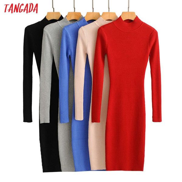 

casual dresses tangada 2021 autumn fashion women solid sweater dress turtleneck long sleeve office ladies pencil lk01, Black;gray