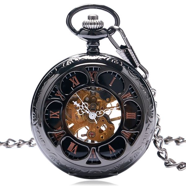 

vintage black/silver semicircle mechanical hand wind pocket watch chain luxury steampunk women men watches fob male clock gifts t200502, Slivery;golden