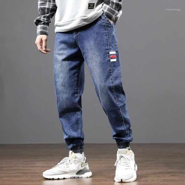 

japanese vintage fashion men jeans loose fit stripe printed designer cargo pants hombre harem jeans streetwear hip hop men1, Blue