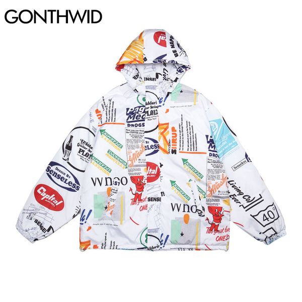 

graffiti devil poster print zipper hooded cotton padded jackets streetwear men women coats hip hop harajuku casual, Black;brown