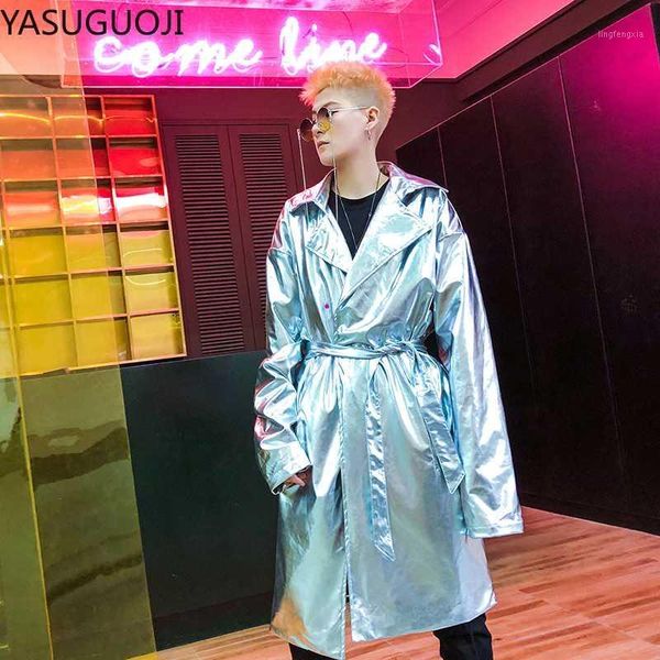 

yasuguoji reflective bomber jacket men new hip hop dance fluorescent long trench coat punk harajuku windbreaker cloak with belt1, Tan;black