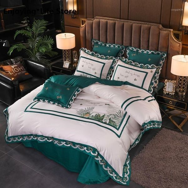 

green white luxury embroidery 80s egyptian cotton 4/7pcs bedding set  king size duvet cover bed sheet bed linen pillowcases1