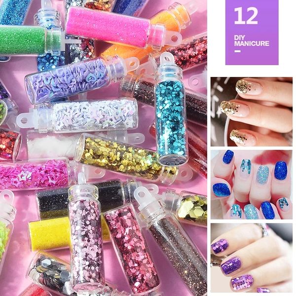 

12colors shiny nail glitter powder ultra-thin nail sequin set 3d hollow acrylic flakes for diy nails design manicure decorations, Silver;gold