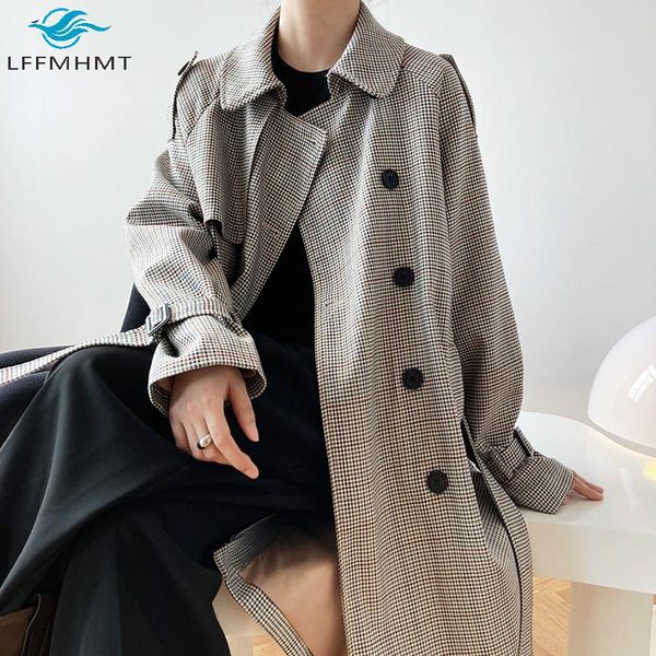 

women spring fall fashion adjustable cuff waist belt long trench office lady plaid loose casual double breasted coat, Tan;black