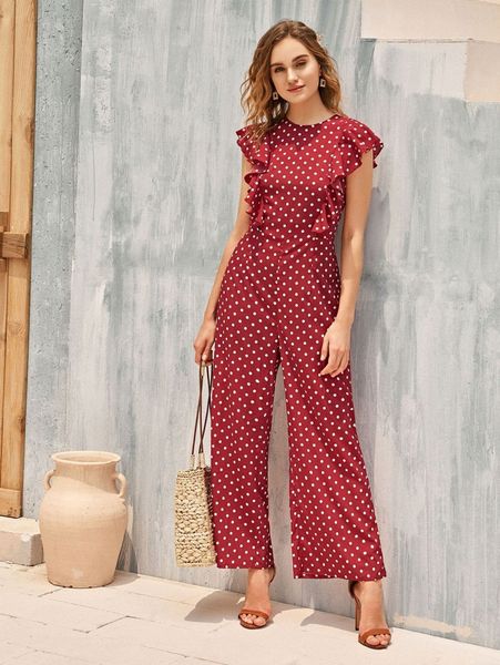 

ruffle armhole polka dot palazzo jumpsuit y653#, White