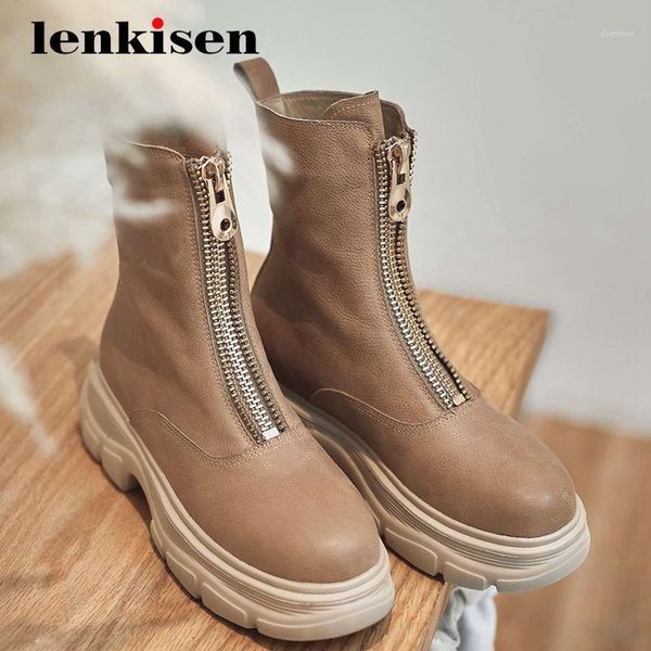 

lenkisen big size motorcycle boots genuine leather round toe thick high heel zipper handsome noble ankle boots l8f31, Black