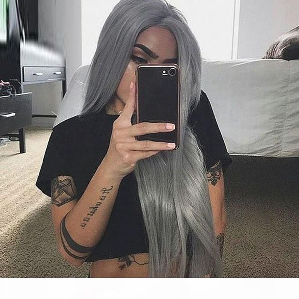 

silver grey human hair wigs for black women glueless unprocessed virgin brazilian long straight silver grey full lace wig bleached knots, Black;brown