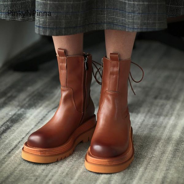 

2020 new women genuine leather luxury platform ankle boots cowhide outdoor street western style riding booties plus size shoes, Black