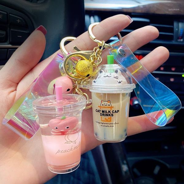 

2020 cute creative milk cup keychain acrylic glitter waistband key ring bag charm car key ring jewelry1, Silver