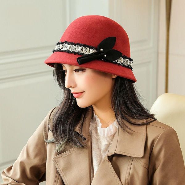 

winter 100% wool hats luxury pearl small brim women felt cloche fedora hat lady bowler french street pearl bucket hat, Blue;gray