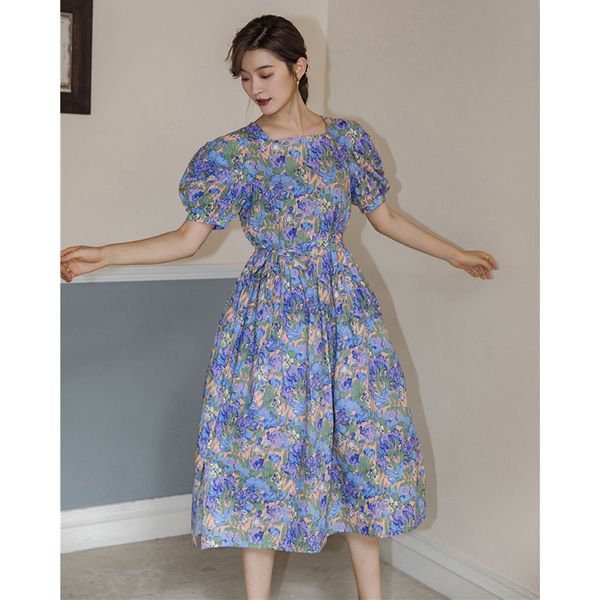 

2021 new women's new french purple retro bubble short sleeve floral paint long korean oil around the neck cotton dress zy65 nxvb, Black;gray