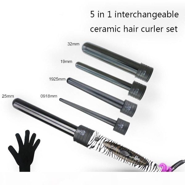

5 in 1 change tube curling iron set multi-function hair curling iron hair flower cone electric curler roller wand, Black