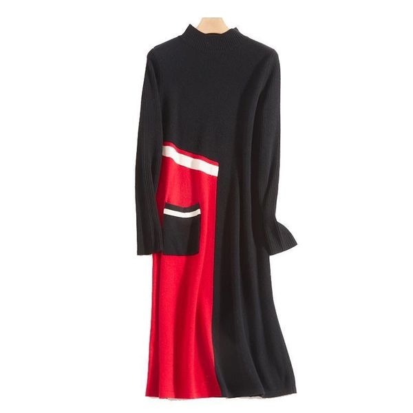 

2021 new knit winter new all-match sweater stitching a-line dress temperament lady slim fashion mid-length style dresses female 7z3g, Black;gray