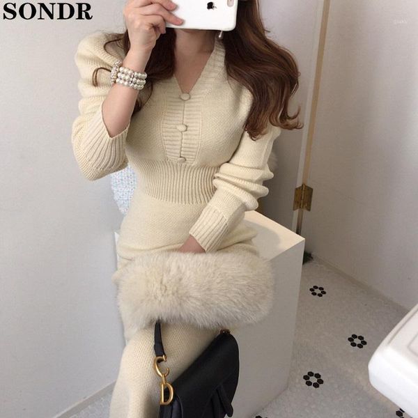 

one-piece autumn winter knit sweater dress women 2020 new korean v-neck long knitted sweater midi dress slim office ladies1, Black;gray