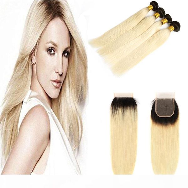 

color 1b 613# blonde human hair weave 3 bundles with part lace closure platinum ombre brazilian blonde straight remy hair extensions, Black
