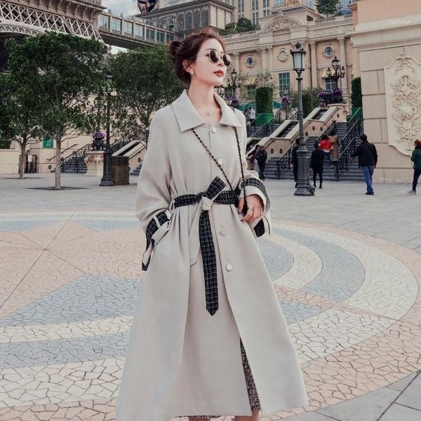 

plaid trench coats women 2020 new model windbreaker spring overknee long coat vintage fashion contrast color sashes windbreakers1, Tan;black