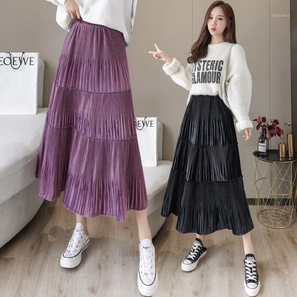 

women pleuche skirts 2020 autumn winter fashion female soild patchwork a-line pleated skirt casual gold velvet high waist skirt1, Black