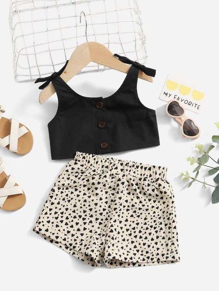 

baby tie shoulder & confetti heart print shorts she, White