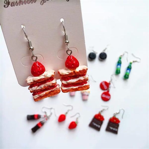 

dangle & chandelier simulation cake earrings for women chocolate biscuit popcorn relax snacks strawberry school accessories girl jewelry gif, Silver