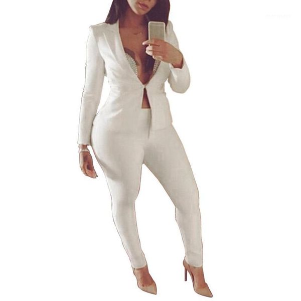 

sanwood 2pcs/set fashion office lady solid color long sleeve lapel blazer suit pants1, White;black