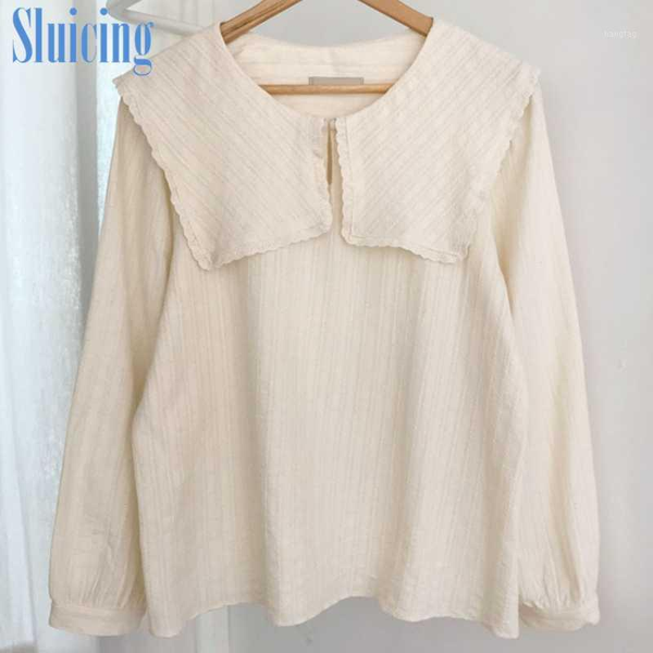 

2020 new women's fall versatile sweet age reduction splicing doll neck lace long sleeve shirt women's, White