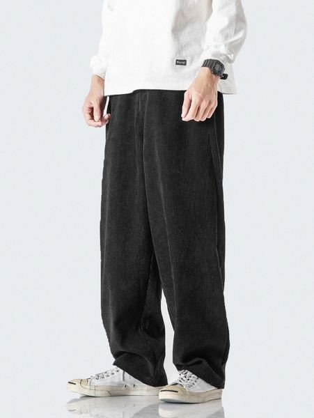 

men solid slant pocket pants 38s1#, Black