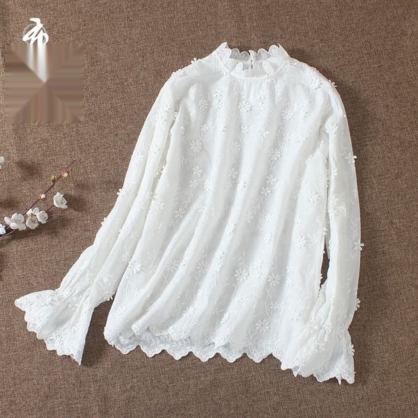 

bouguer art three dimensional flower embroidery cotton t-shirt in early cotton t-shirt pullover pullover pulloverautumn new stand collar lon, White