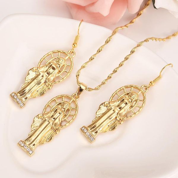 

gold virgin mary religions jewelry set trendy our lady women men party czjewelry cross pendant earring set for women girls gift, Silver
