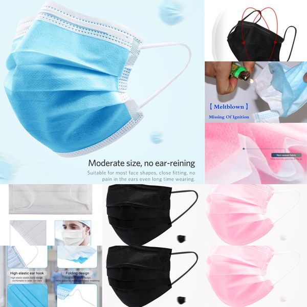 

stock face disposable black pink blue in masks mask with elastic ear loop 3 ply breathable dust kwor
