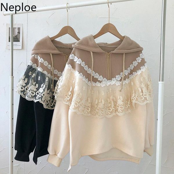

neploe korean chic hoodies women patchwork heavy lace coat hooded contrast color oversized outwear streetwear sweet sweatshirt, Black