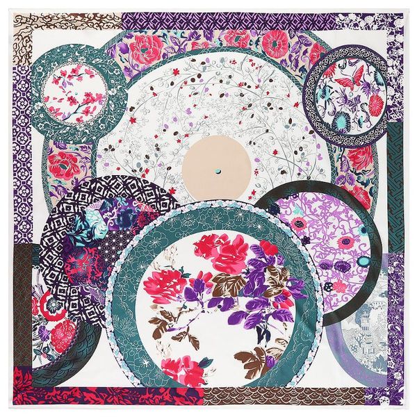 

100% twill silk scarf women retro blue and white porcelain plate scarf 130cm square scarves for ladies shawls hijab, Blue;gray