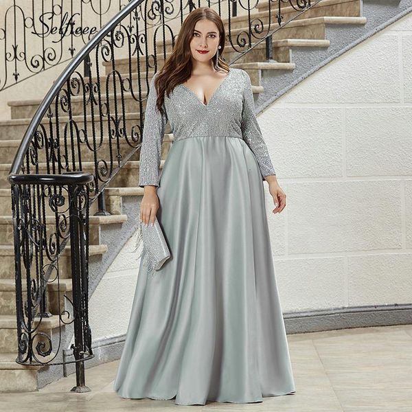 

fashion plus size women dress sequined deep v-neck full sleeve elegant navy blue stain maxi party dress vestidos de festa 2020, Black;gray