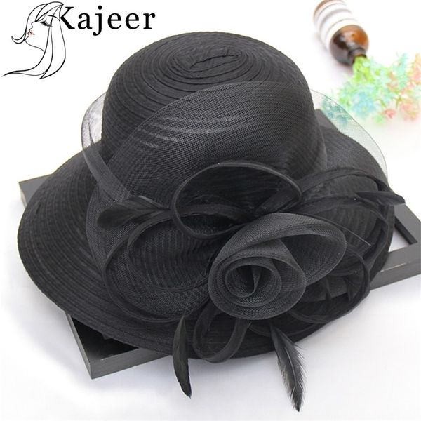 Kajeer Cappelli estivi per donna Solido piuma di raso floreale Cappelli da sole a tesa larga Cappelli flosci da donna per Flower Church Tea Party Dress Y200602