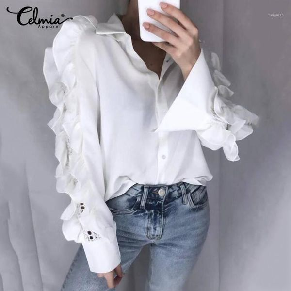 

women blouse celmia summer long sleeve ruffles turn down collar lady office shirts tunic hollow buttons party blusas1, White